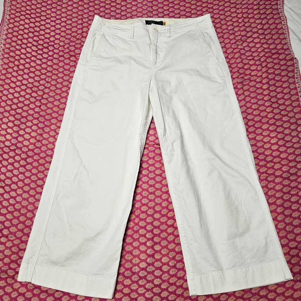 Polo Ralph Lauren Wide Leg Pants Womens 8 White Twill Cropped Chino Trousers